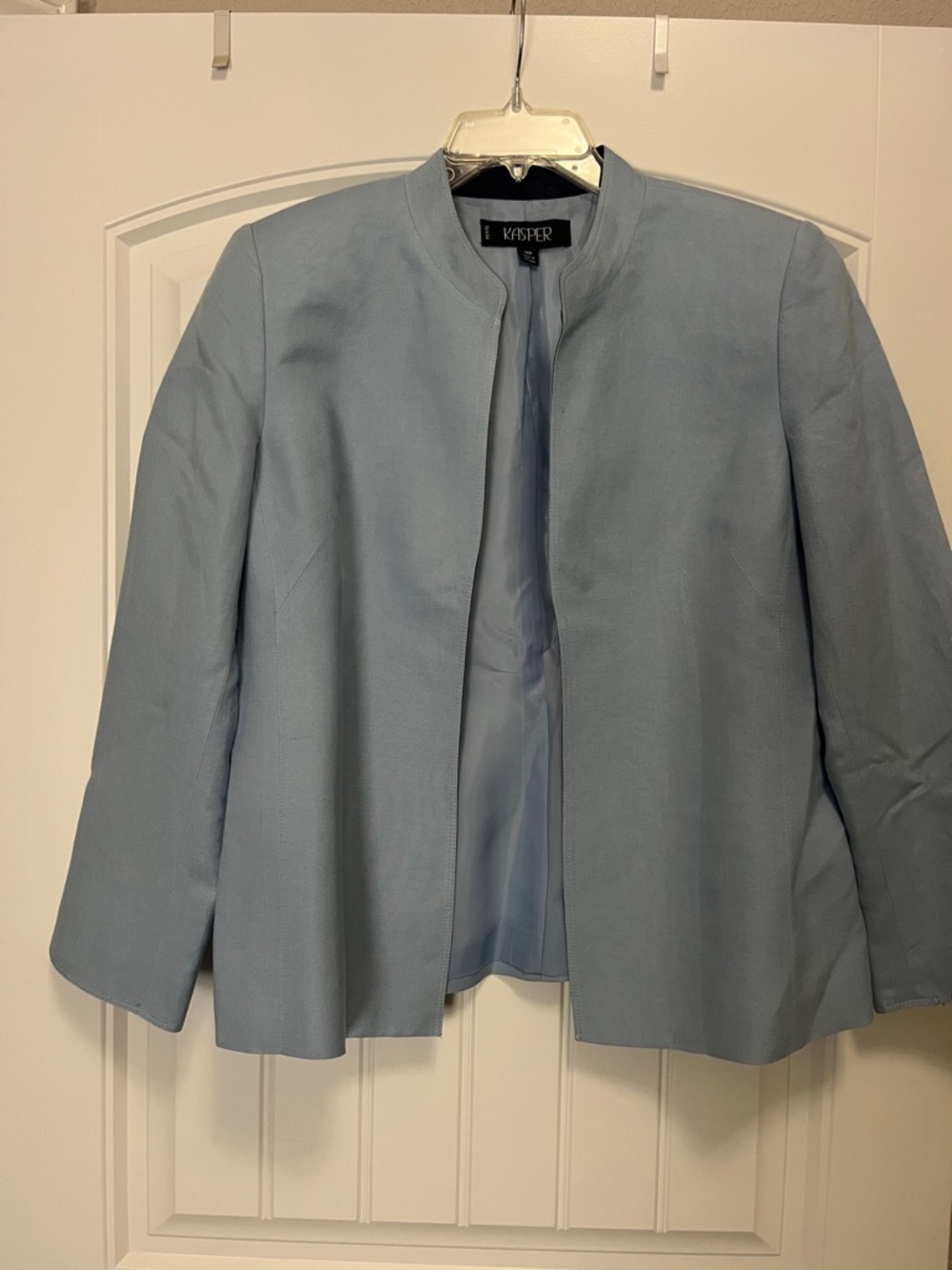 Kasper Powder Blue Collarless Open Front Blazer